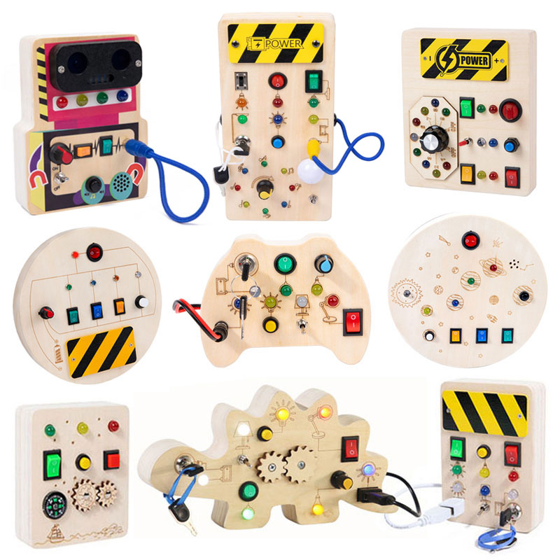 Montessori Wooden Busy Board Toddler - Montessori Busy Board Sensory ของเล่นไม้พร้อมสวิตช์ไฟ LED