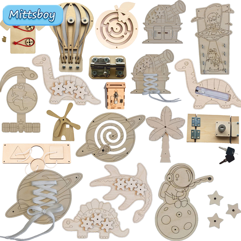 Montessori Wooden Busy Board Toddler - Montessori ของเล่นไม้ไดโนเสาร์, ของเล่นไม้ของเล่นไดโนเสาร์ซิปปลดล็อคดาวเคราะห์ของเล่นการศึกษาก่อนการศึกษาของขวัญยางกัดสำหรับเด็ก